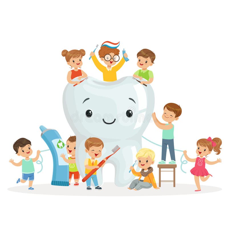 Kleine Kinder kümmern sich um und säubern einen großen, lächelnden Zahn Bunte Zeichentrickfilm-Figuren lizenzfreie abbildung Kleine Kinder kümmern sich um und säubern einen großen, lächelnden Zahn Bunte Zeichentrickfilm-Figuren lizenzfreie abbildung