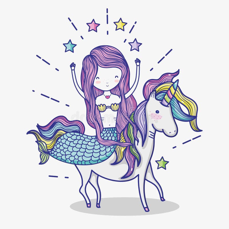 Kleine Meerjungfrau mit Einhornkunstkarikatur vektor abbildung Kleine Meerjungfrau mit Einhornkunstkarikatur vektor abbildung