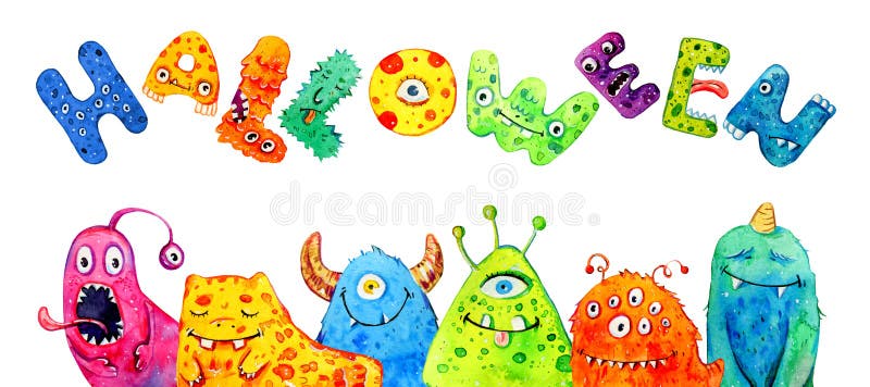 Kleine Monster der Karikatur mit Titel ` Halloween-` Hand gezeichnete Aquarellillustration vektor abbildung Kleine Monster der Karikatur mit Titel ` Halloween-` Hand gezeichnete Aquarellillustration vektor abbildung