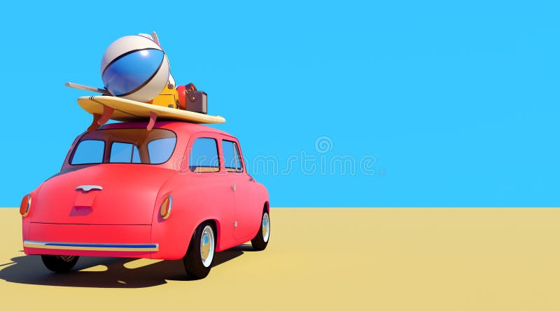 Kleine Retro- Auto Mit Gepäck-, Gepäck- Und Strandausrüstung Auf