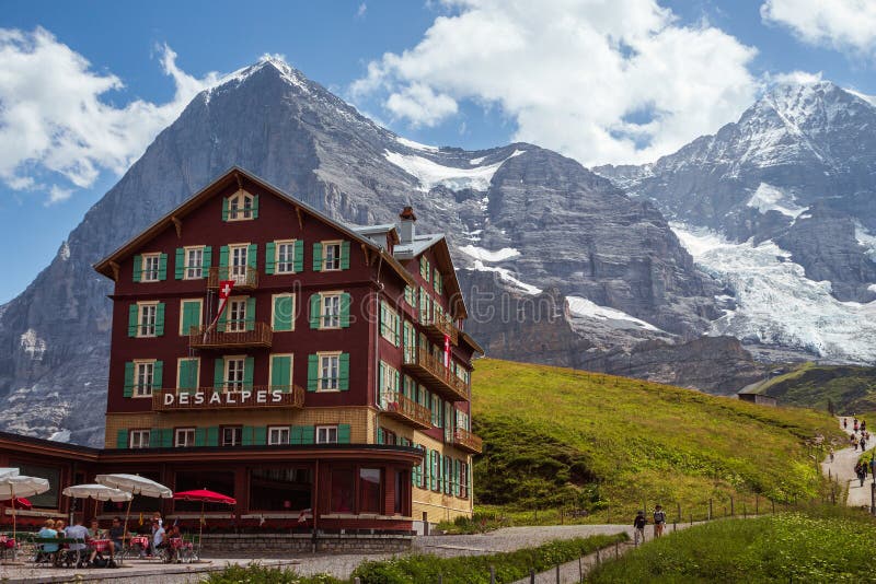 View on hotel Bellevue des Alpes and Eiger north face in summer