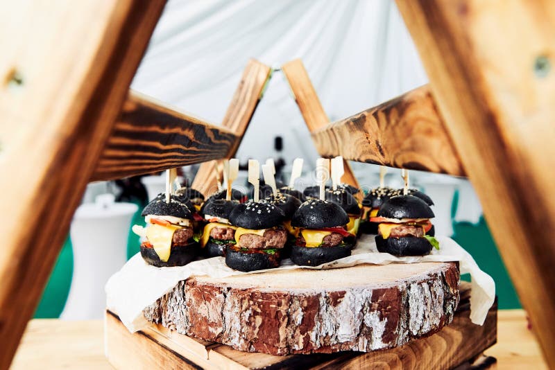 Kleine zwarte burgers op de houten stomp stock afbeelding Kleine zwarte burgers op de houten stomp stock afbeelding