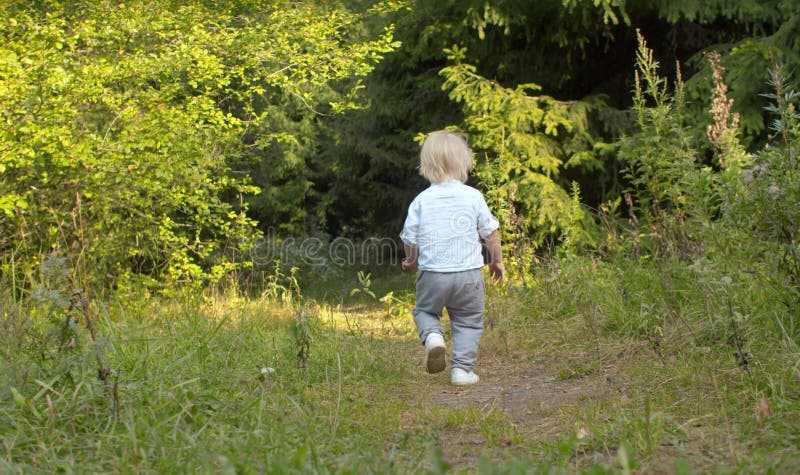 Kleiner Junge, der den Waldweg entlang geht lizenzfreie stockbilder Kleiner Junge, der den Waldweg entlang geht lizenzfreie stockbilder