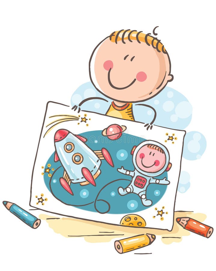 Kleiner Junge, der ein Astronaut mit einer Rakete im Raum, Karikatur sich vorstellt stock abbildung Kleiner Junge, der ein Astronaut mit einer Rakete im Raum, Karikatur sich vorstellt stock abbildung