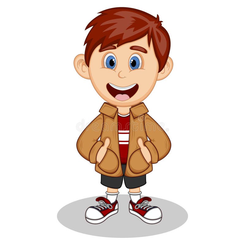 Kleiner Junge, der eine braune Jacke und lächelnde eine Karikatur der schwarzen kurzen Hosen trägt