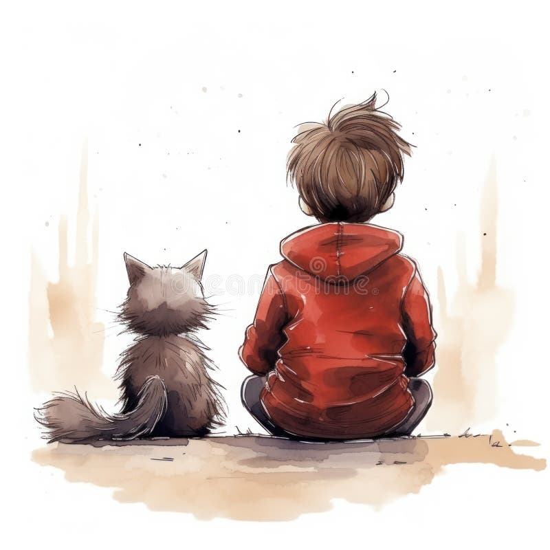 Kleiner Junge, der mit Katze sitzt. handgezeichnete Abbildung auf weißem Hintergrund. generative Hilfe lizenzfreie abbildung