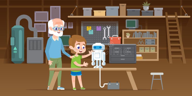 Kleiner Junge mit seinem Großvater stellen neuen lego Roboter an der Garagenwerkstatt her Familie, die zusammen intelligente Tech lizenzfreie abbildung Kleiner Junge mit seinem Großvater stellen neuen lego Roboter an der Garagenwerkstatt her Familie, die zusammen intelligente Tech lizenzfreie abbildung