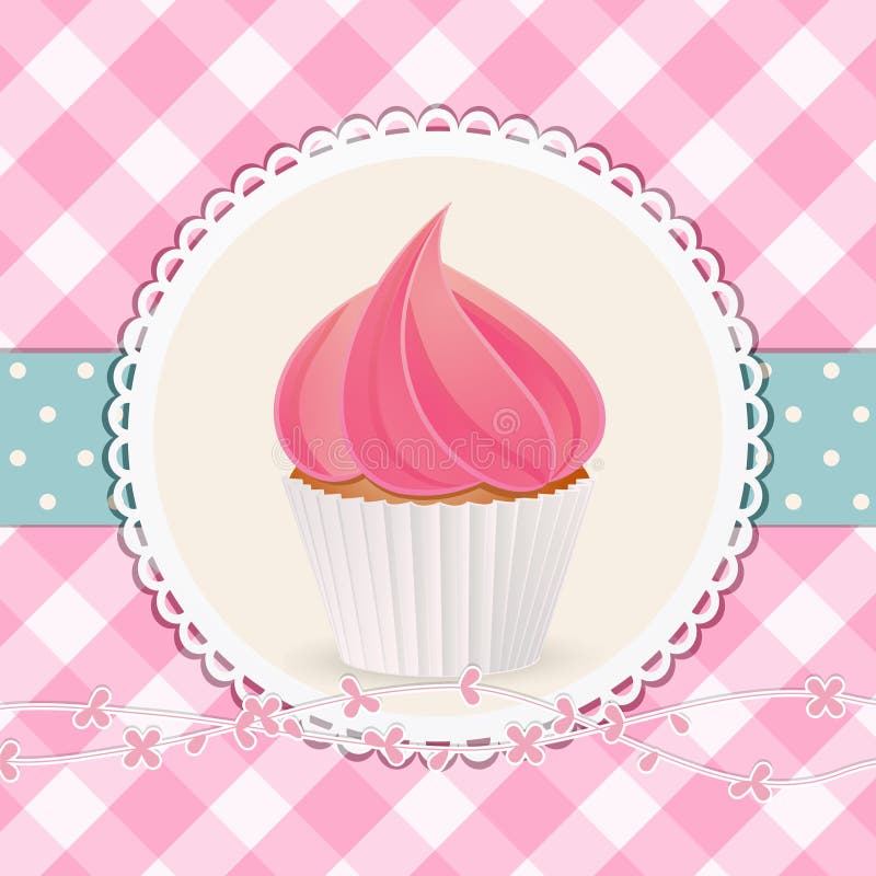 Kleiner Kuchen mit rosa Zuckerglasur auf rosa Ginghamhintergrund