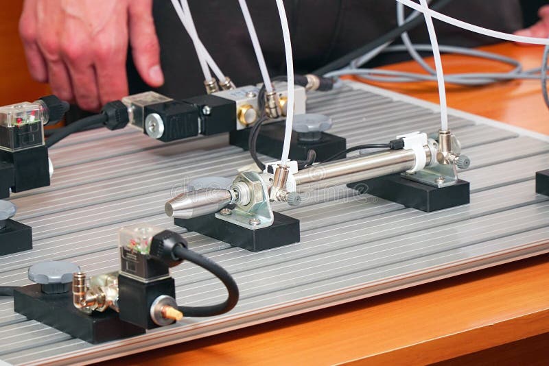 Engineers Connect Wires Control Panel With Small Test Bench For Experiments Stockfoto Bild Von Panel Engineers