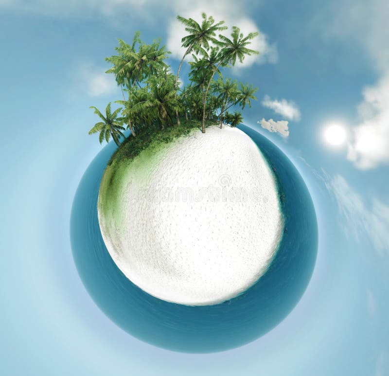 Kleiner Planet, Ozean, Tropeninsel, Illustration der Palmen 3D stock abbildung Kleiner Planet, Ozean, Tropeninsel, Illustration der Palmen 3D stock abbildung