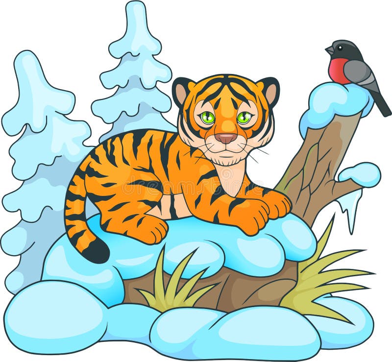 Kleiner Tiger, der im Schnee liegt und ihn Piepmatz betrachtet vektor abbildung Kleiner Tiger, der im Schnee liegt und ihn Piepmatz betrachtet vektor abbildung