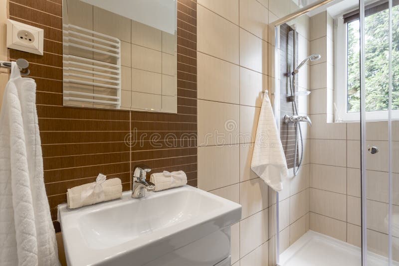 Kleines Badezimmer in der braunen Idee lizenzfreies stockfoto