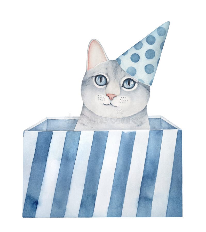 Kleines graues Kätzchen, das in einer gestreiften Geschenkbox sitzt und einen hellblauen Kegel-Hut mit Polkadot-Muster trägt lizenzfreie abbildung