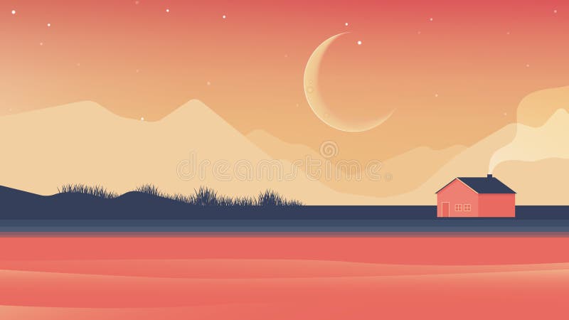 Kleines Haus neben dem Fluss und Berge an der Nachtlandschaft stock abbildung Kleines Haus neben dem Fluss und Berge an der Nachtlandschaft stock abbildung