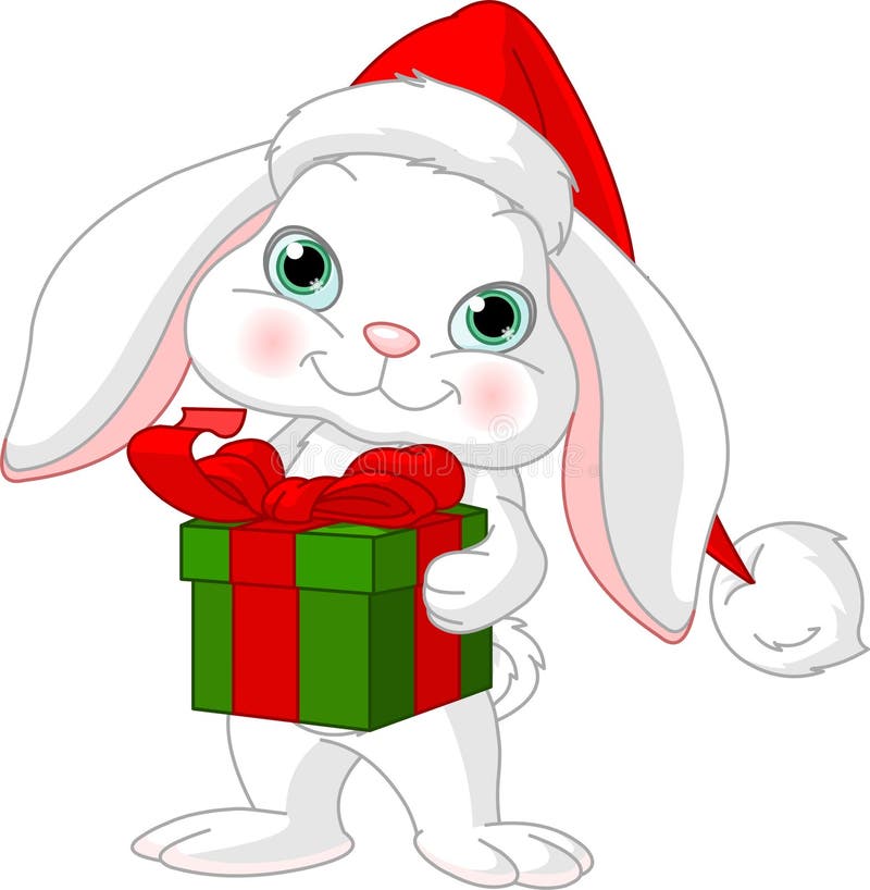 Little rabbit in a Santas hat with Christmas gift. Little rabbit in a Santas hat with Christmas gift