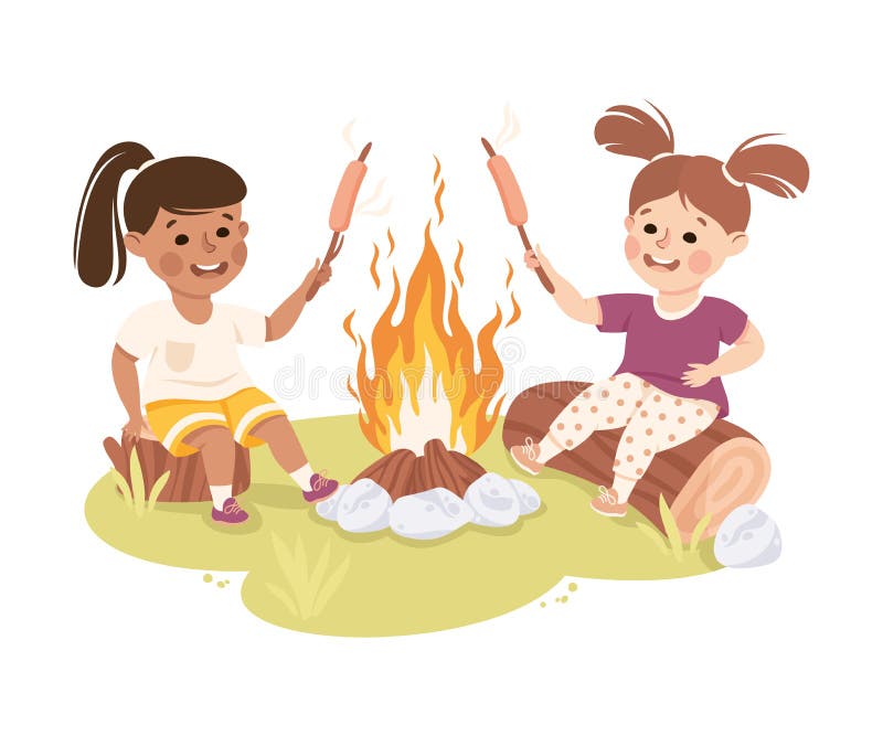 Kleines Mädchen, das auf einem Lagerfeuer sitzt und die Wurstvektor-Illustration zeigt lizenzfreie stockfotografie