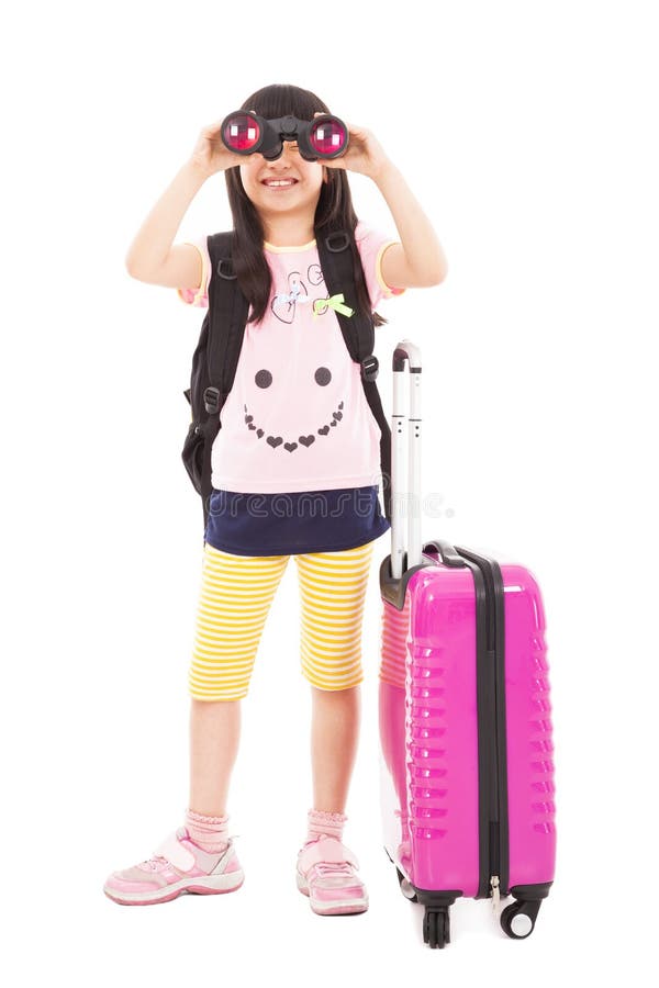 Kleines Mädchen, das Teleskop und Reisekoffer hält stockbild Kleines Mädchen, das Teleskop und Reisekoffer hält stockbild
