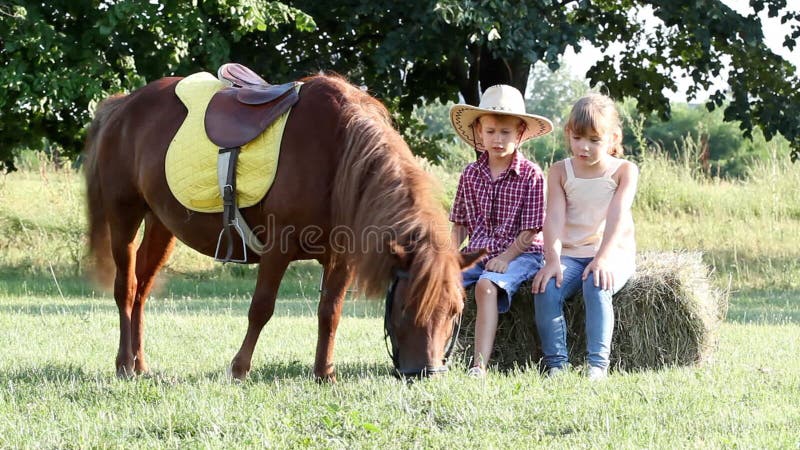 Kleines Mädchen und Junge mit Ponypferd