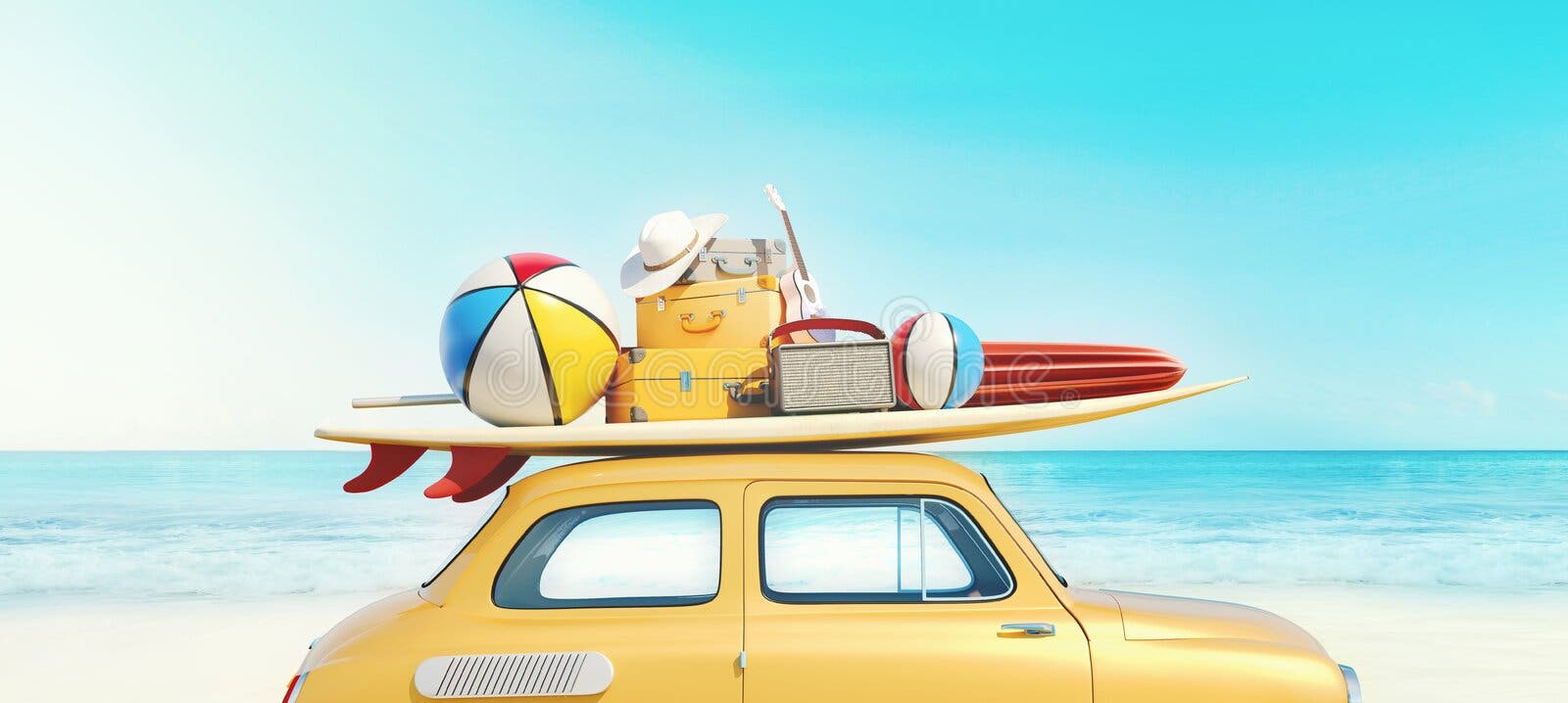Kleines Retro- Auto mit Gepäck-, Gepäck- und Strandausrüstung auf dem Dach, völlig verpackt, bereiten für Sommerferien vor Kleines Retro- Auto mit Gepäck-, Gepäck- und Strandausrüstung auf dem Dach, völlig verpackt, bereiten für Sommerferien vor