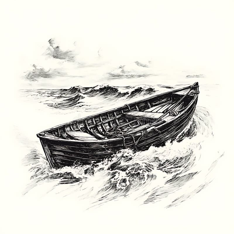 Kleines Schiff aus Holz, das auf grobem Meer segelt vektor abbildung