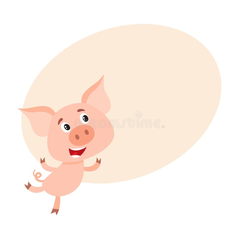 Kleines Schwein mit dem wirbelnden Endstück, das auf hinteren Beinen läuft. Lustiges kleines Schwein mit dem wirbelnden Endstück, das auf hintere Beine, Karikaturvektorillustration auf Hintergrund mit Platz für Text läuft oder springt Nettes kleines Schwein, das zu etwas, Dekorationselement sich beeilt