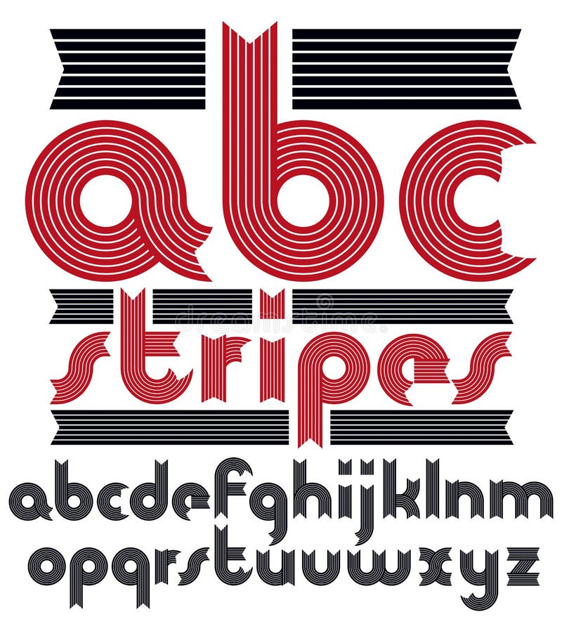 Vector trendy vintage lowercase English alphabet letters, abc collection. Funky rounded bold font, typescript can be used in art creation. Created using geometric stripes. Vector trendy vintage lowercase English alphabet letters, abc collection. Funky rounded bold font, typescript can be used in art creation. Created using geometric stripes