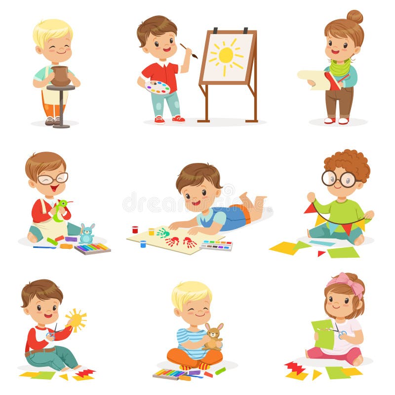 Kleinkinder in verschiedenen kreativen Tätigkeiten Art Class In School Doings, in der Malerei, in der Funktion mit Kitt und im Au lizenzfreie abbildung Kleinkinder in verschiedenen kreativen Tätigkeiten Art Class In School Doings, in der Malerei, in der Funktion mit Kitt und im Au lizenzfreie abbildung