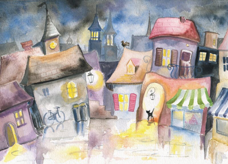 Small town at night.Picture I have created with watercolors. Small town at night.Picture I have created with watercolors.