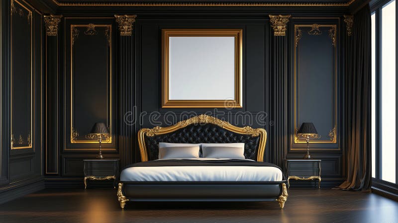 Klej Premium. Biała ramka na ścianie sypialni ornat black and gold art deco. fotografia stock