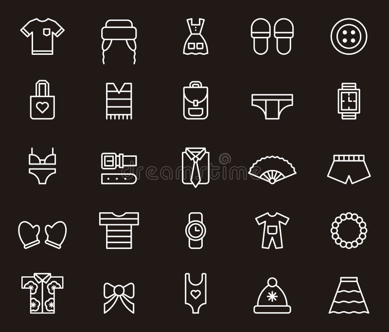 Set of white outline icons on black background relating to clothes and accessories. Set of white outline icons on black background relating to clothes and accessories.