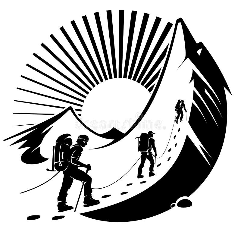 Climbing a mountain. Vector illustration in the engraving style. Climbing a mountain. Vector illustration in the engraving style