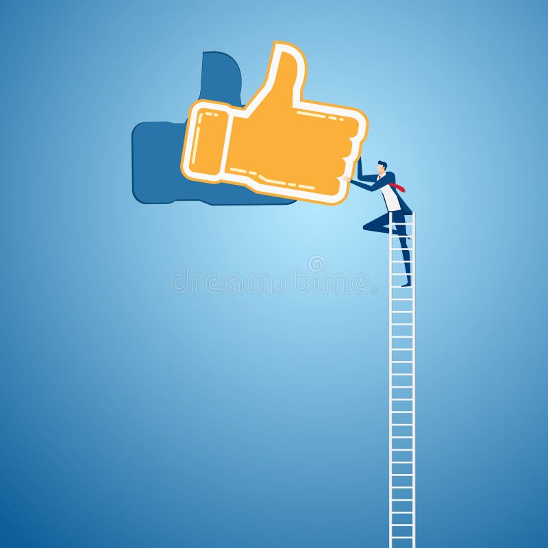 Businessman climbing ladder to Thumb up sign and success. Positive feedback concept. Cartoon Vector Illustration. Businessman climbing ladder to Thumb up sign and success. Positive feedback concept. Cartoon Vector Illustration.