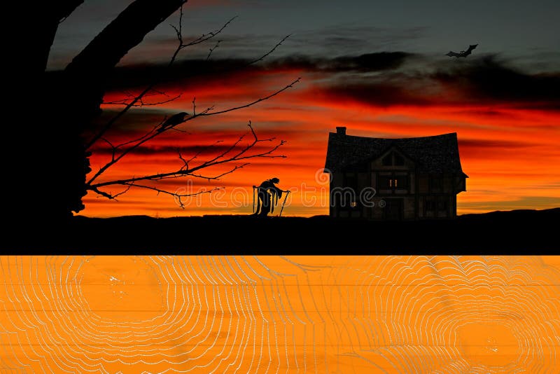 Kleurde de oranje pompoen van Halloween houten die lijst in spinnewebben met een heks en verschrikkingshuislandschap wordt behand stock illustratie Kleurde de oranje pompoen van Halloween houten die lijst in spinnewebben met een heks en verschrikkingshuislandschap wordt behand stock illustratie
