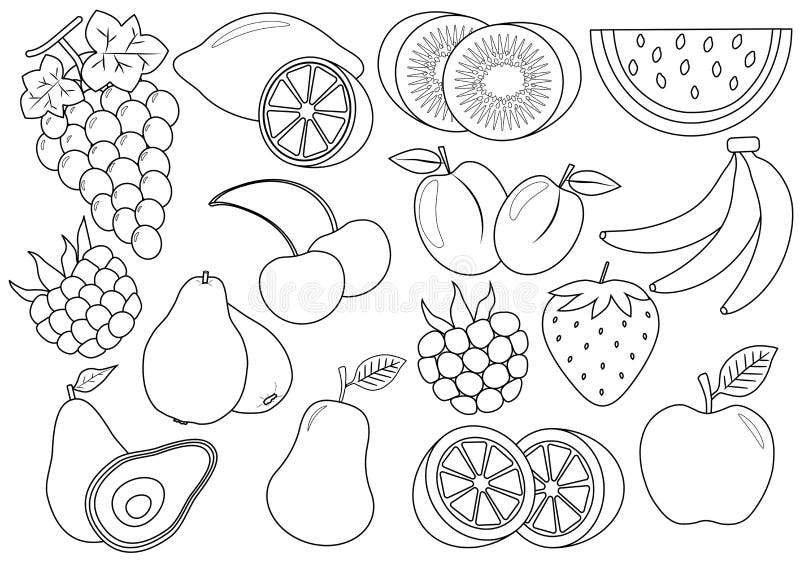 Kleurend boek Vruchten en bessenbeeldverhaal pictogrammen Vector stock illustratie Kleurend boek Vruchten en bessenbeeldverhaal pictogrammen Vector stock illustratie