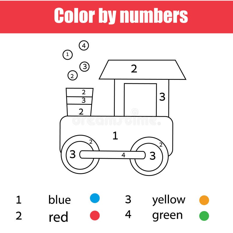 Kleurende pagina met stuk speelgoed trein Kleur door aantallen, voor het drukken geschikt aantekenvel Onderwijsspel voor kinderen
