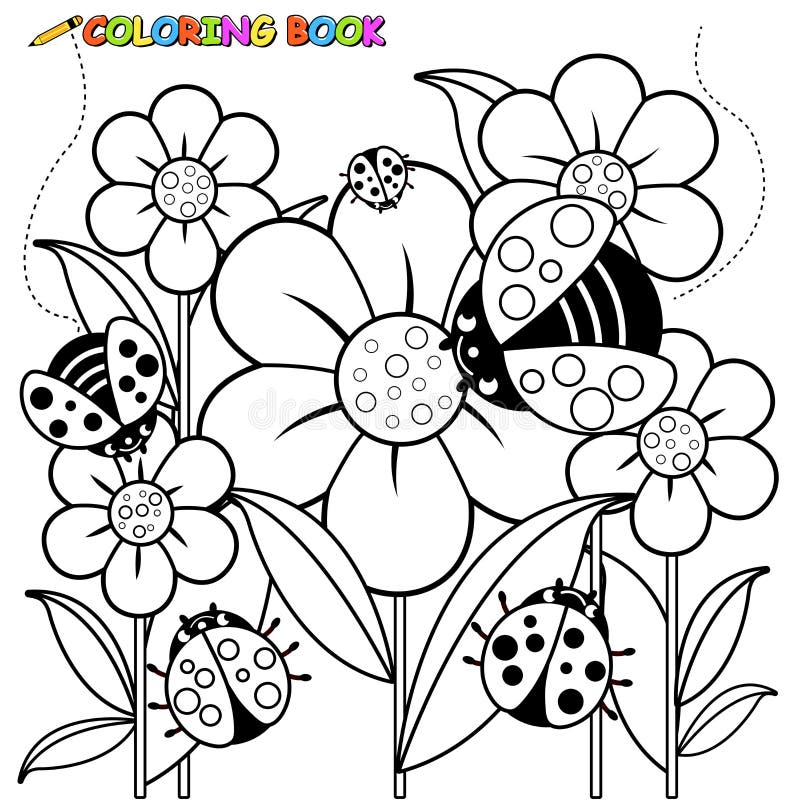Kleurende paginalieveheersbeestjes en bloemen vector illustratie Kleurende paginalieveheersbeestjes en bloemen vector illustratie