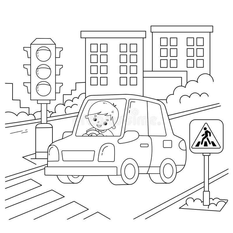 Kleurenoverzicht Pagina-overzicht van stripauto's met chauffeur op de weg Verkeerslicht Vervoer van afbeeldingen of voertuig voor stock illustratie Kleurenoverzicht Pagina-overzicht van stripauto's met chauffeur op de weg Verkeerslicht Vervoer van afbeeldingen of voertuig voor stock illustratie
