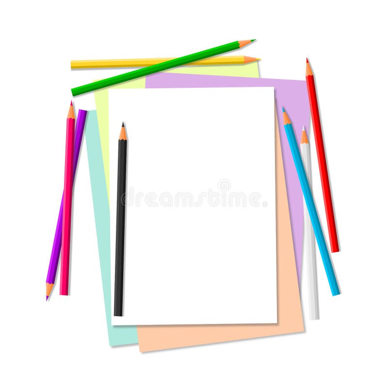 Kleurenpotloden en document stock illustratie Kleurenpotloden en document stock illustratie