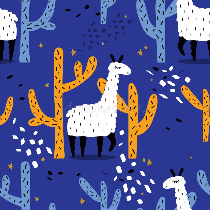 Kleurig naadloos patroon met vrolijke lama's, cactusboom Decoratieve schattige achtergrond bij dieren stock illustratie Kleurig naadloos patroon met vrolijke lama's, cactusboom Decoratieve schattige achtergrond bij dieren stock illustratie