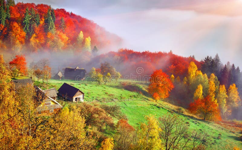 Kleurrijk de herfstlandschap in het bergdorp Mistige ochtend royalty-vrije stock fotografie Kleurrijk de herfstlandschap in het bergdorp Mistige ochtend royalty-vrije stock fotografie