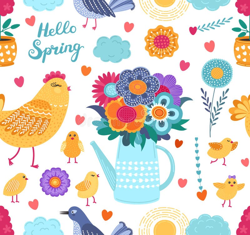 Kleurrijk de lente grappig vector naadloos patroon met bloemen en vogels op witte achtergrond vector illustratie Kleurrijk de lente grappig vector naadloos patroon met bloemen en vogels op witte achtergrond vector illustratie