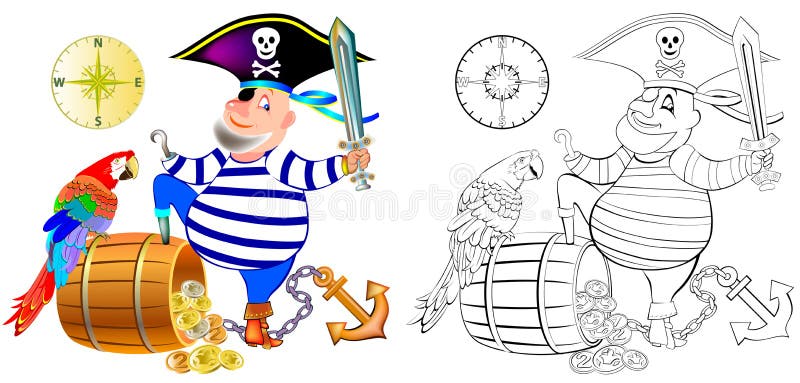 Kleurrijk en zwart-wit patroon voor het kleuren Illustratie van grappige piraat met een papegaai royalty-vrije illustratie Kleurrijk en zwart-wit patroon voor het kleuren Illustratie van grappige piraat met een papegaai royalty-vrije illustratie