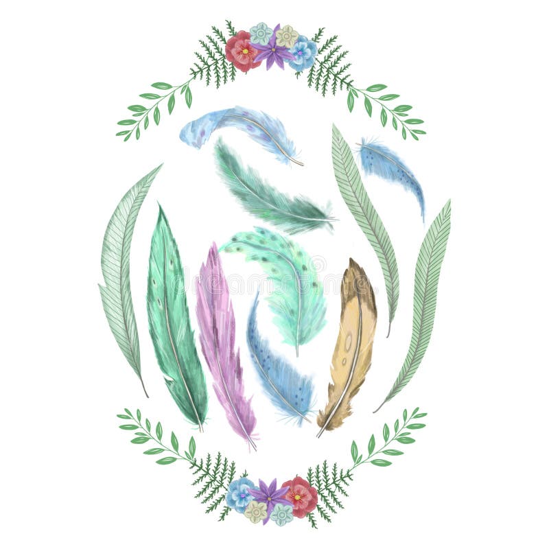 Kleurrijk waterverfkader met veren de digitale illustratie van de klemkunst Malplaatje met plaats voor uw tekst vector illustratie Kleurrijk waterverfkader met veren de digitale illustratie van de klemkunst Malplaatje met plaats voor uw tekst vector illustratie