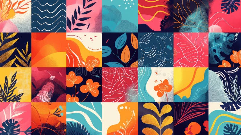 Colorful abstract background with geometric shapes, lines, and leaves. AIG51A. AI generated. Colorful abstract background with geometric shapes, lines, and leaves. AIG51A. AI generated