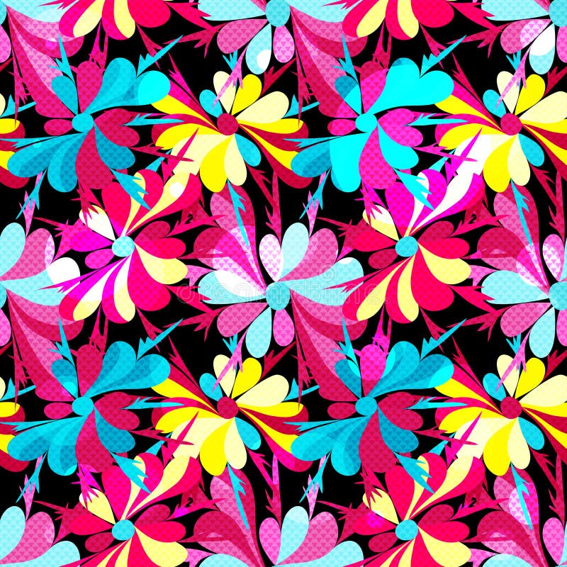 Kleurrijke abstracte bloemen op een zwart naadloos patroon als achtergrond