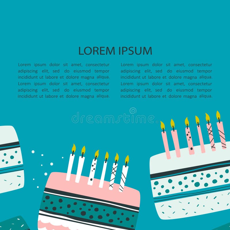 Kleurrijke achtergrond, cakes met kaarsen en plaats voor tekst Decoratieve leuke achtergrond met gebakje Festal groetkaart vector illustratie Kleurrijke achtergrond, cakes met kaarsen en plaats voor tekst Decoratieve leuke achtergrond met gebakje Festal groetkaart vector illustratie