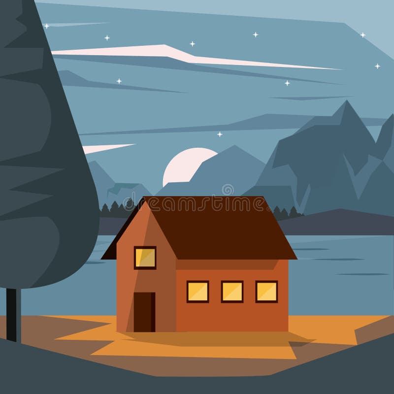 Kleurrijke achtergrond van nightly landschap met buitenhuis en bergen en meer stock illustratie Kleurrijke achtergrond van nightly landschap met buitenhuis en bergen en meer stock illustratie