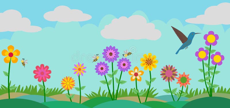 Kleurrijke Bloem, Bijen en Vogel bij Achtergrond van de Tuin de Vectorillustratie