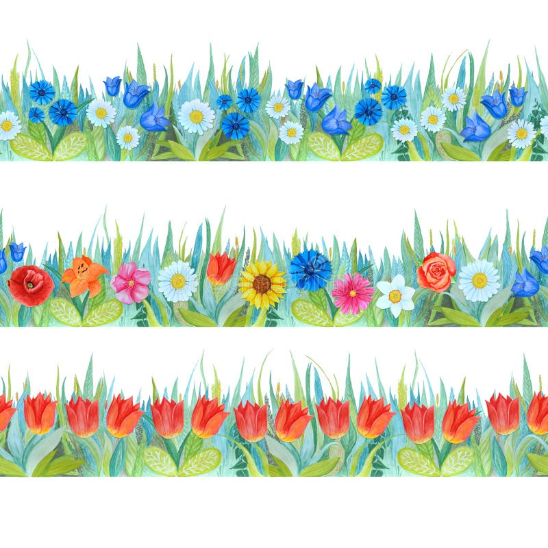 Kleurrijke bloemen naadloze grenzen Heldere achtergrond - gras en bloemen stock illustratie Kleurrijke bloemen naadloze grenzen Heldere achtergrond - gras en bloemen stock illustratie