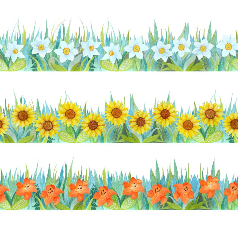 Kleurrijke bloemen naadloze grenzen Heldere achtergrond - gras en bloemen vector illustratie Kleurrijke bloemen naadloze grenzen Heldere achtergrond - gras en bloemen vector illustratie